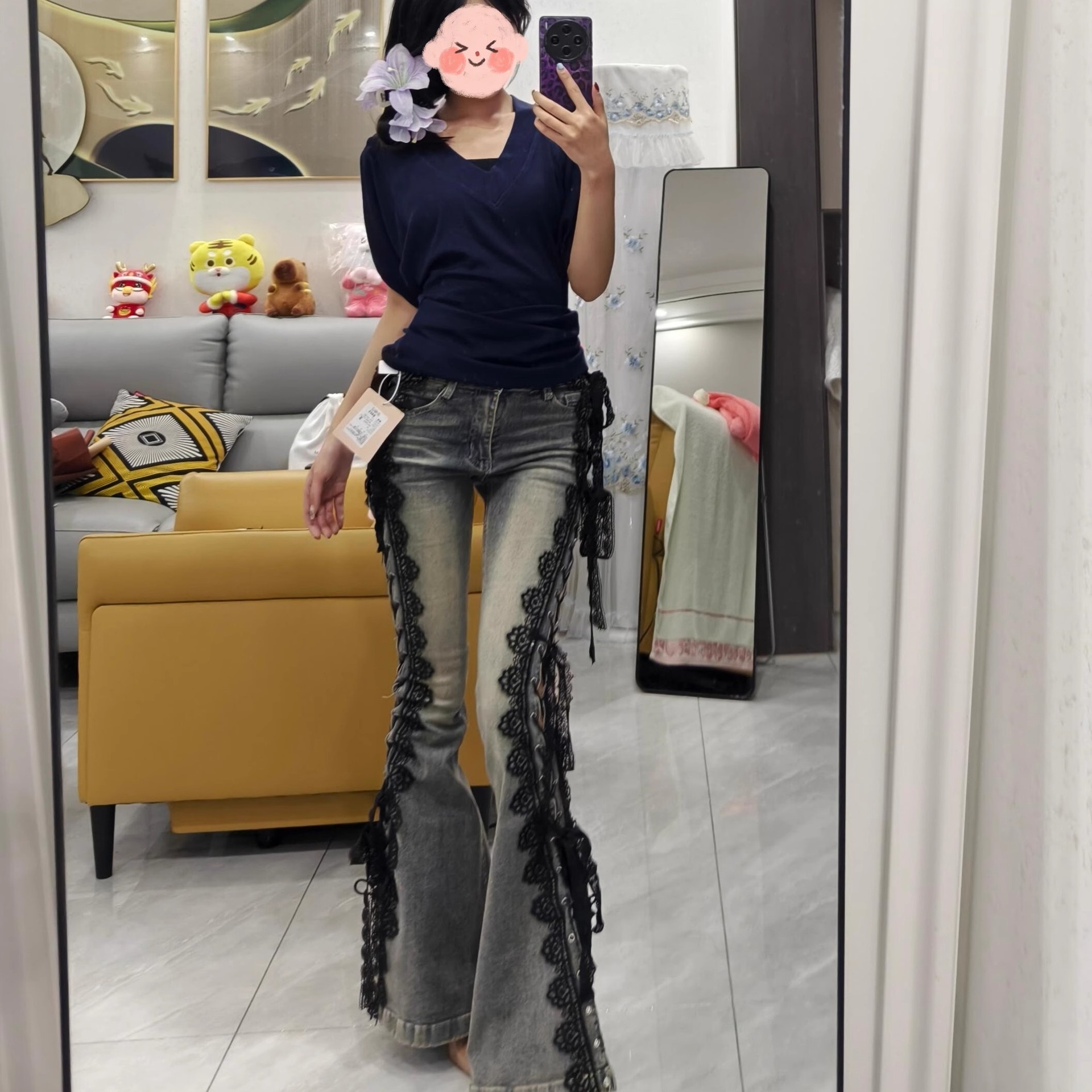 American Retro Lace Strap Split Denim Bell Pants Women's Spring and Summer 2025 New Design Sense Slim-fit Pants