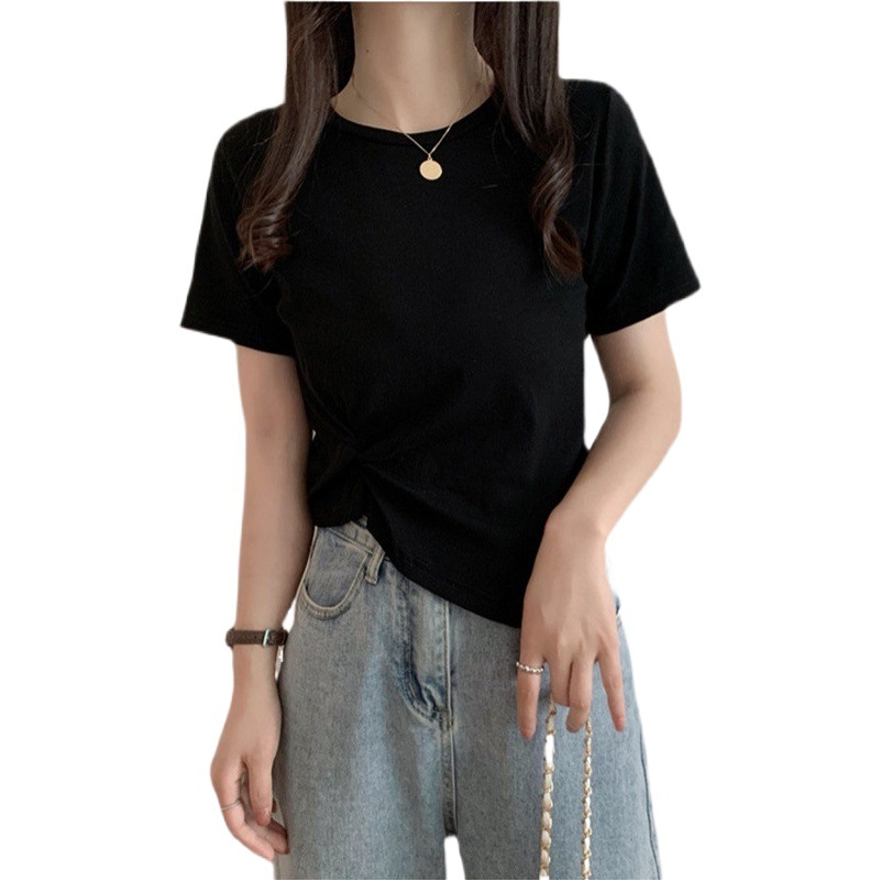 Design sense irregular hem short sleeve T-shirt women's summer short bottoming shirt women's casual solid color top women's wholesale