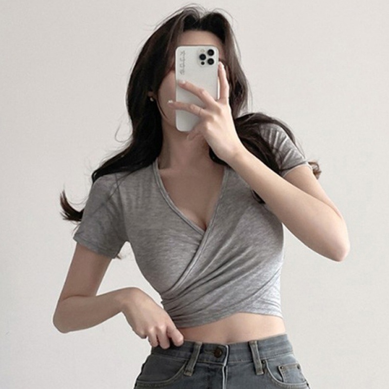 Picture of Low-cut top chest-flattering cross backless two-way tight short-sleeved T slim-fit slimming short navel-exposed deep V-neck bottoming shirt