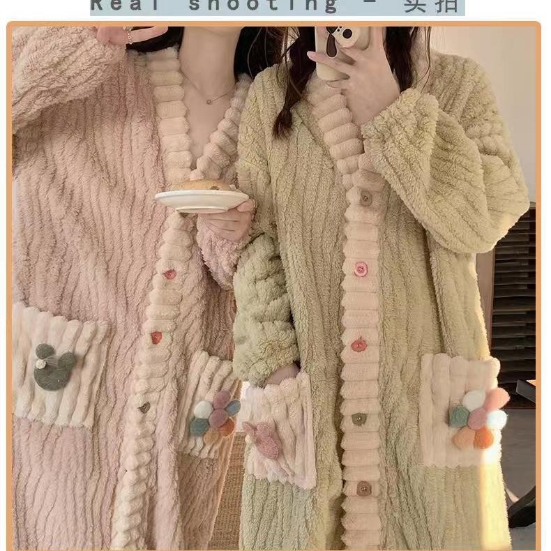 Coral Velvet Rainbow Flower Nightgown 2023 Winter Loose Warm Long Cardigan Home Wear Thickeneded Fairy Style