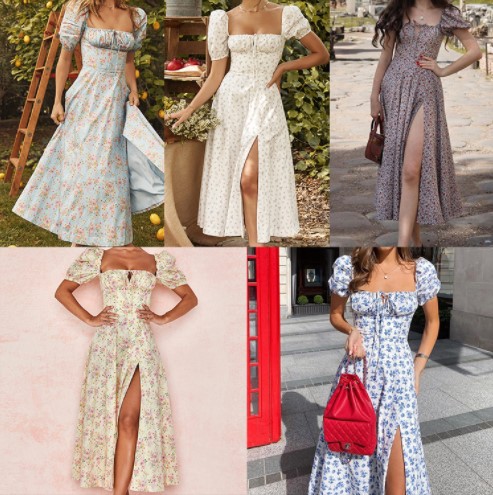2022 Amazon European and American Women's Spring and Summer New High Waist Square Neck Short Sleeve Lace-up Split Commuter Floral Dress