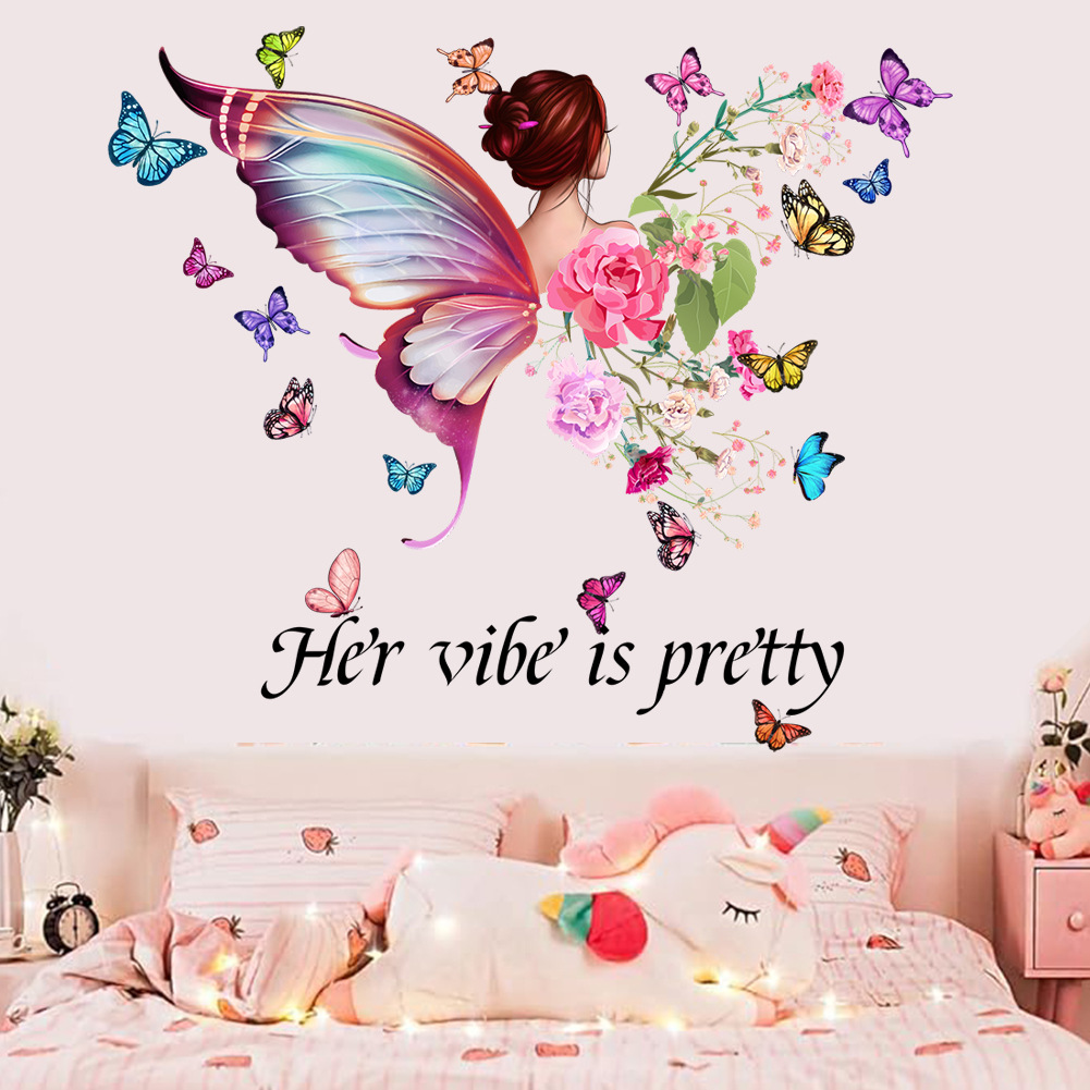 Fairy Flower Butterfly English Slogan Wall Stickers Children's Room Bedroom Bedside Kindergarten Decorative Wallpaper Self-adhesive