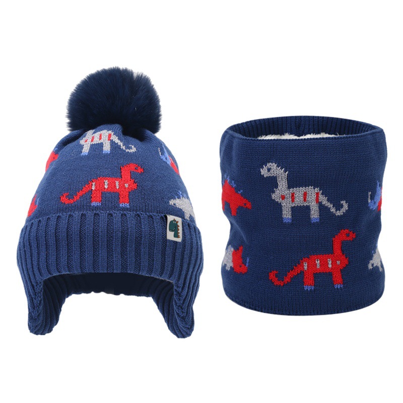 Picture of Cross-border Winter Children's Jacquard dinosaur fleece-lined knitted hat scarf suit boys' ear protection wool hat two-piece set