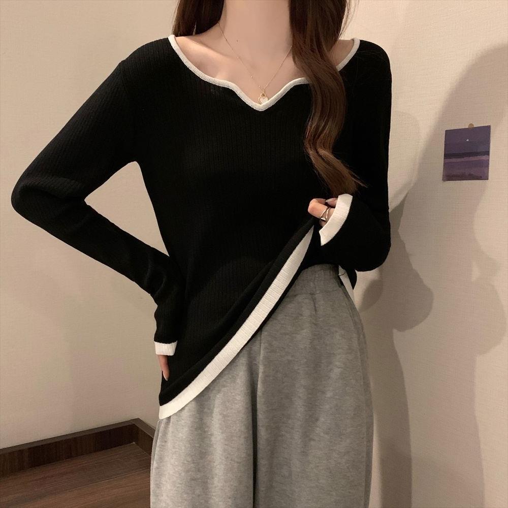 Picture of Large Size Sweater Women's 2022 New Autumn Design Contrasting Color Square Collar Clavicle Base Shirt Slim Shirt