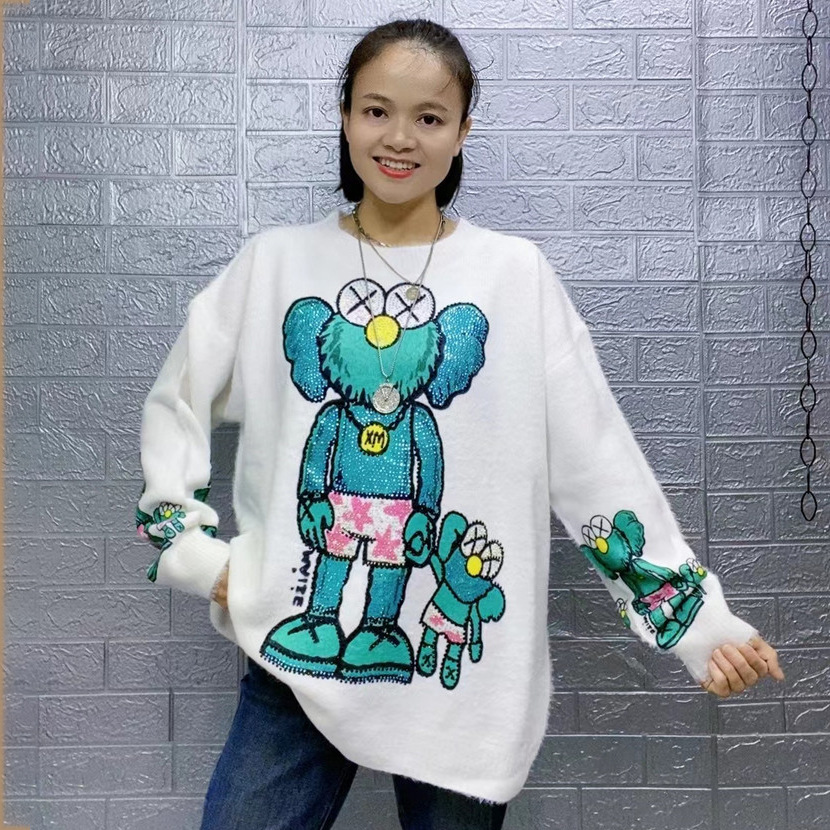 European Goods Light Luxury Heavy Industry Hot Drilling Long Sleeve Sesame Street Autumn and Winter Sweater Women's Loose Cartoon Printed Top Knitted Sweater