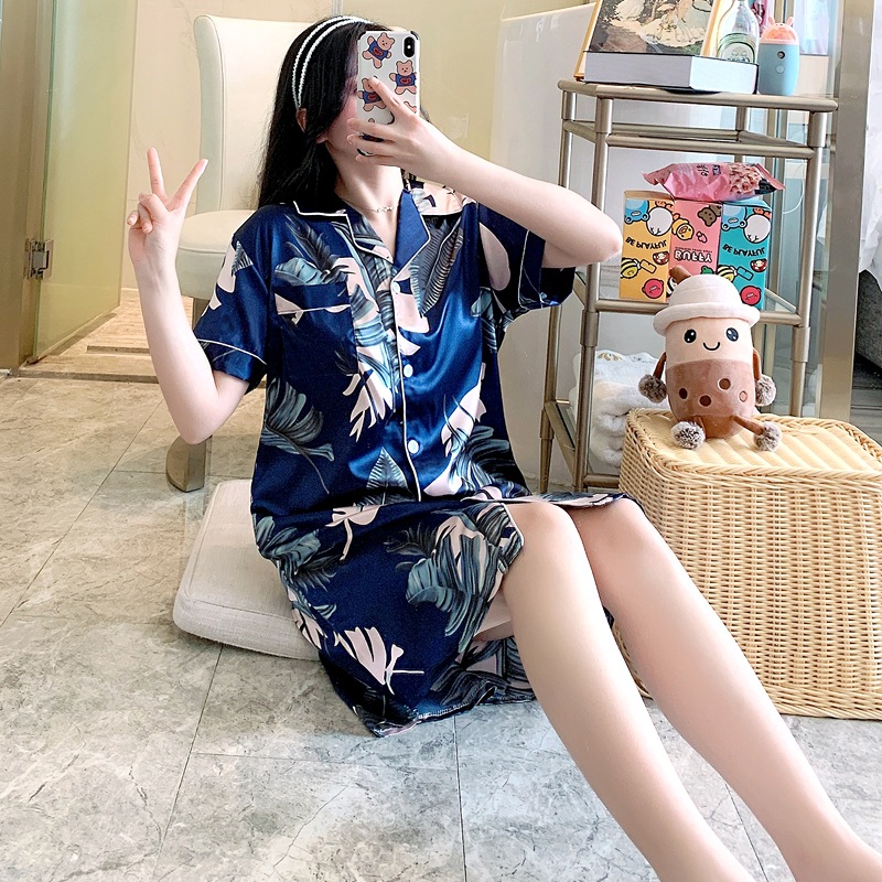 2022 New Foreign Trade Summer Women's Simulated Silk Shirt Nightgown Loose Sexy Short Sleeve Pajamas Home Clothing Wholesale