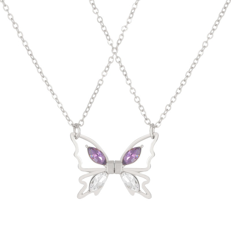 Cross-Border Zircon-Encrusted Butterfly Couple Necklace, Light Luxury, Fashionable and Creative Magnetic Hollow Butterfly Clavicle Chain, Gift for Best Friends