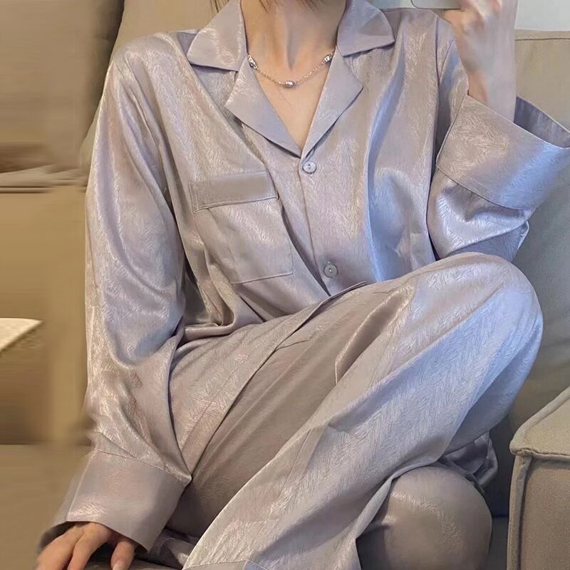 Picture of ins Cyber Celebrity Lace Long-sleeved Simple Black Spring and Autumn Long-sleeved Trousers Cardigan Pajamas Women's Sweet Loose Home Clothes