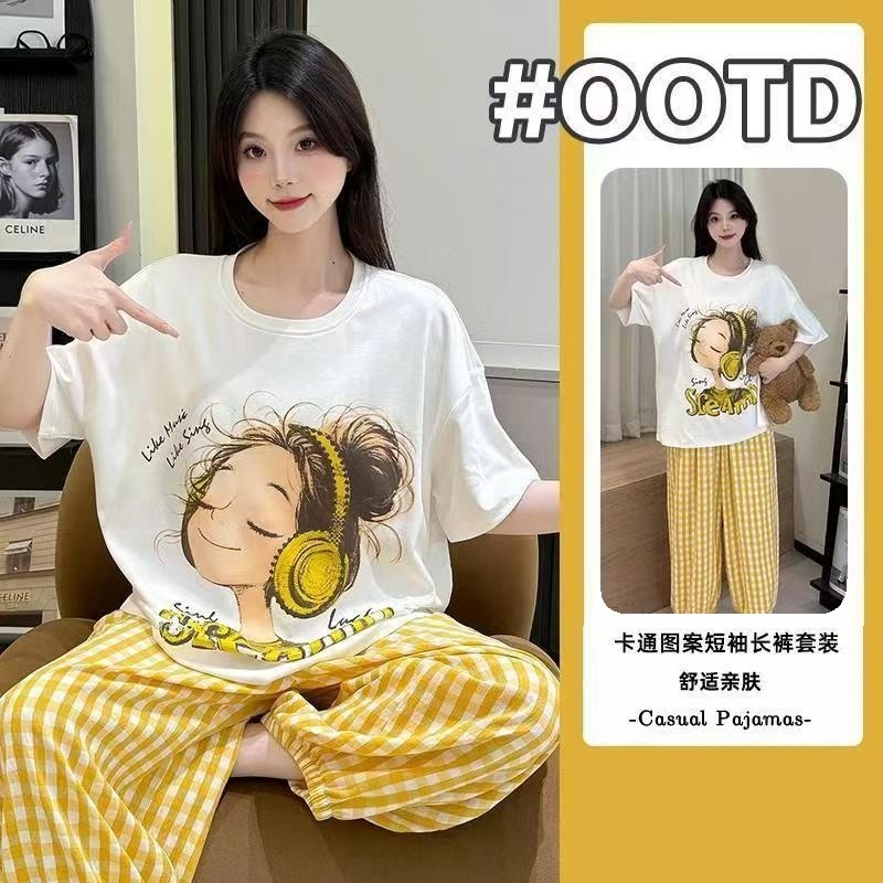 Picture of Pajamas Women's Spring and Autumn Summer Short-sleeved Trousers Large Size Loose Korean Style Fresh Cute Sweet Student Home Suit