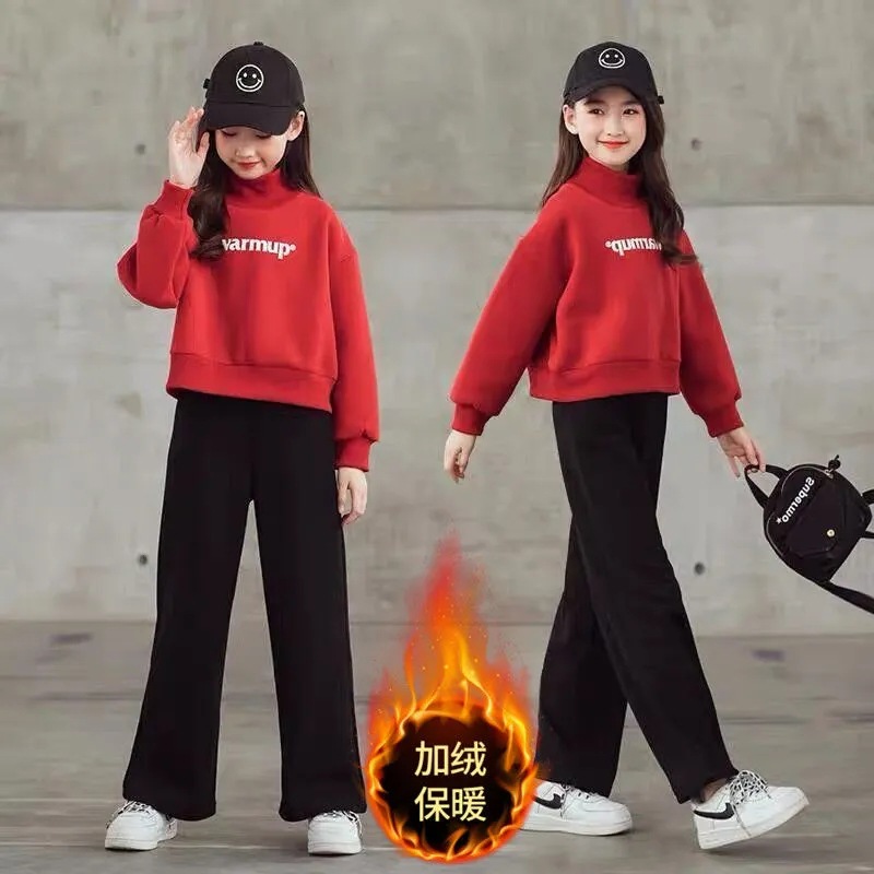 Children's Suit Autumn and Winter Velvet Thickened Sports Suit Western Style Internet Celebrity Casual Wide Leg Pants Handsome Sports Two-piece Suit