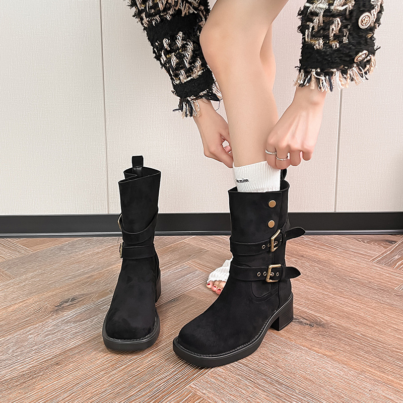 Vintage Suede Western Cowboy Boots Women's Autumn and Winter Middle Barrel Thick Heel Two-Wearing Lapel Short Boots Women's Belt Buckle Martin Boots