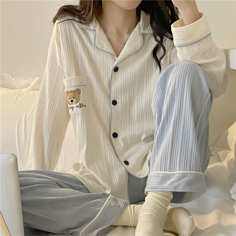 Picture of ins Cyber Celebrity Lace Long-sleeved Simple Black Spring and Autumn Long-sleeved Trousers Cardigan Pajamas Women's Sweet Loose Home Clothes