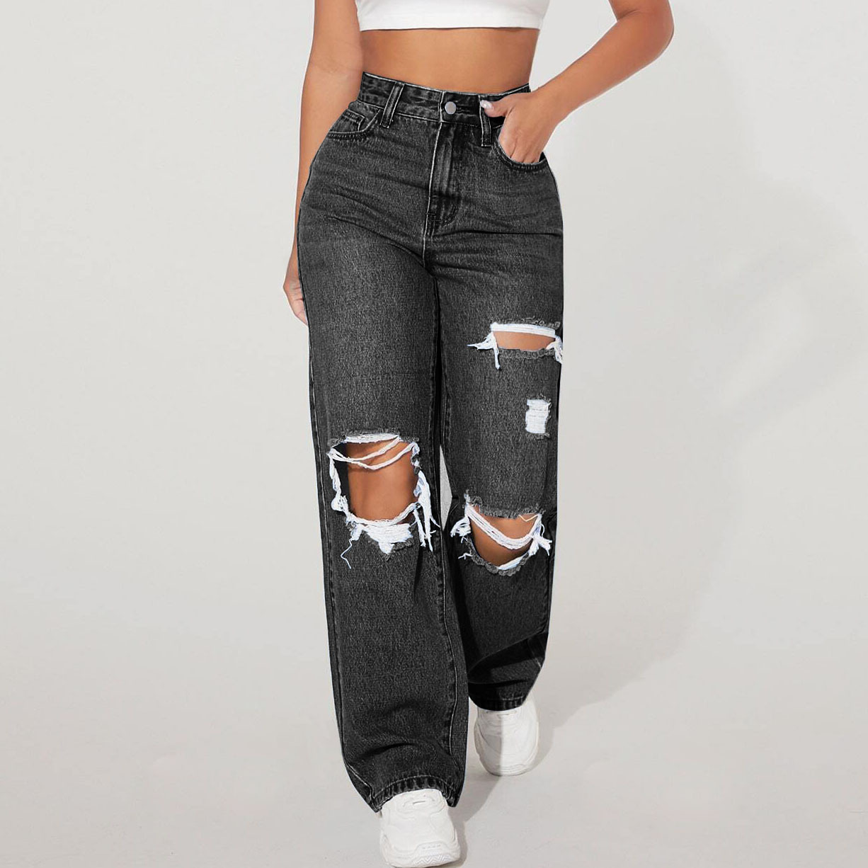 Cross-border American Style Hot Girl Straight Street Loose Casual High Waist Jeans Straight Leg Jeans3673