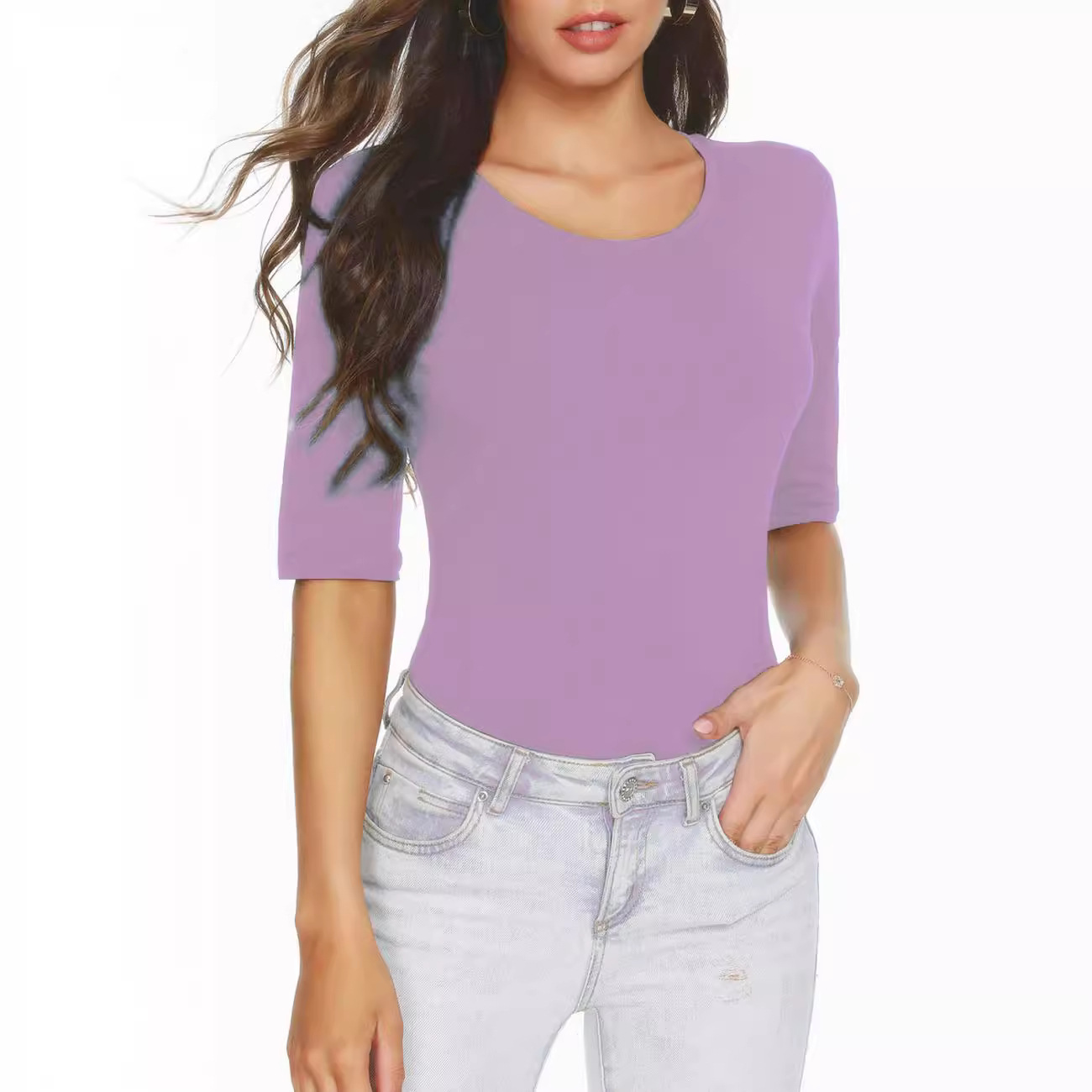 Picture of Cross-border 2024 Amazon wish European and American Foreign Trade Women's New Spring and Summer Casual Round Neck Five-point Sleeve Top for Women