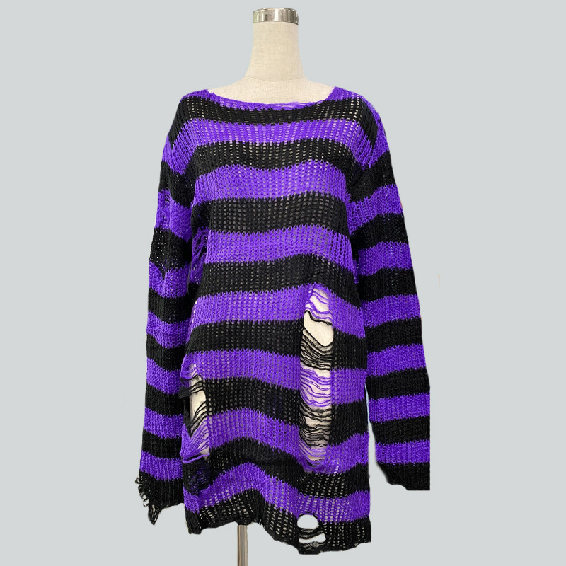 Picture of Mohair New European and American Export Loose Stripesd Knitwear Women's Mid-Length Pullover Hole Thin Cross-Border Knitwear