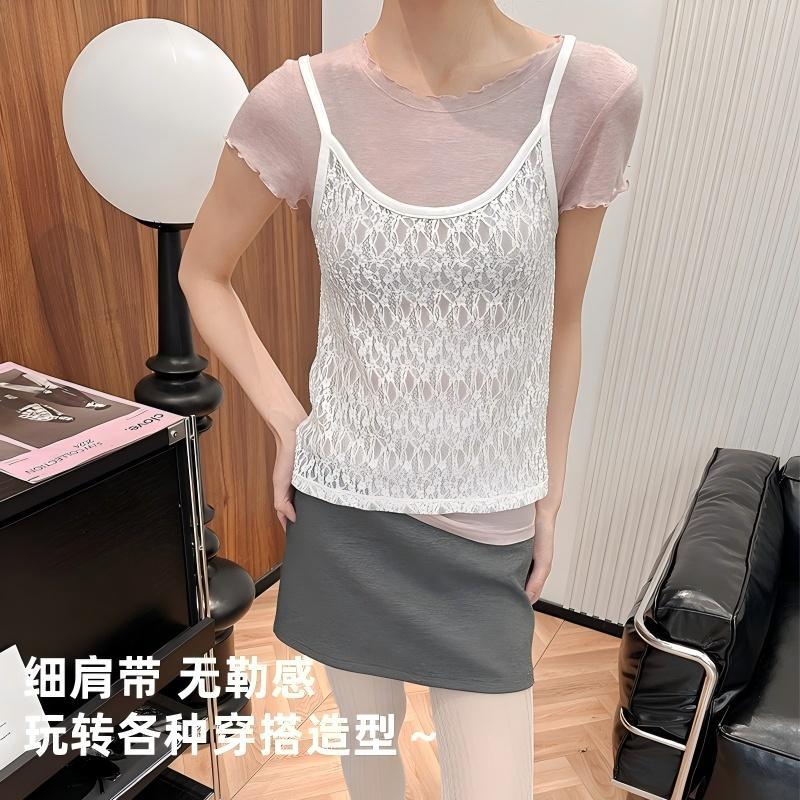 Picture of Simple All-match Seersucker Korean Style Sling Lace Hollow Sling Vest Women's Outer Wearing Comfortable Breathable Vest for Women