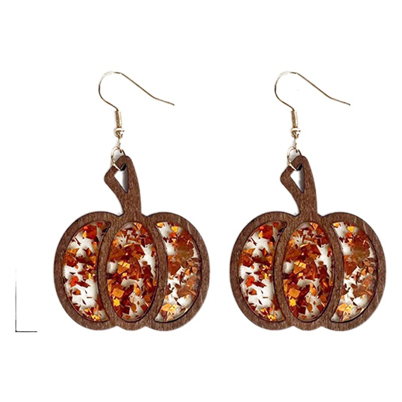 Cross-border autumn earrings Halloween pumpkin wood texture inlaid acrylic glitter sequins hollow fashion earrings