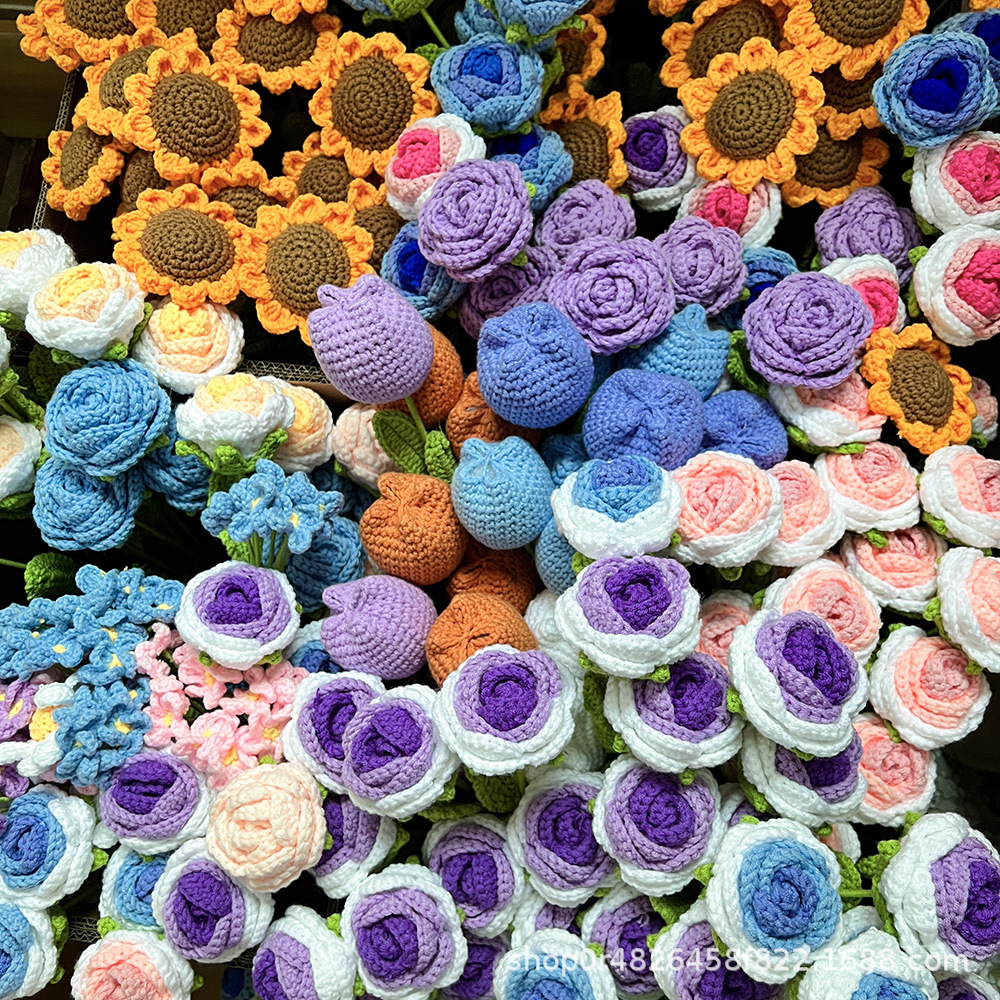 Handmade Rose Wool Flower Finished Wholesale Crochet Sunflower Tanabata Woven Eternal Flower Imitation Flower Valentine's Day