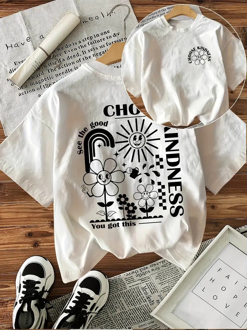 Aliexpress Shein Cross-Border New Product Plant Flower Letter Double-Sided Printed T-Shirt Niche Fashion Pure Cotton T-Shirt