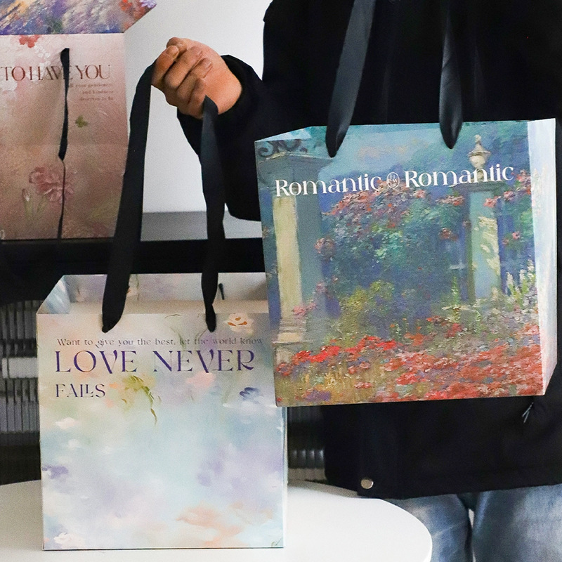 Oil Painting Style Handbag Ximeng Garden Fresh Flower bouquet gift gift advanced sense gift box floral diy packaging bag
