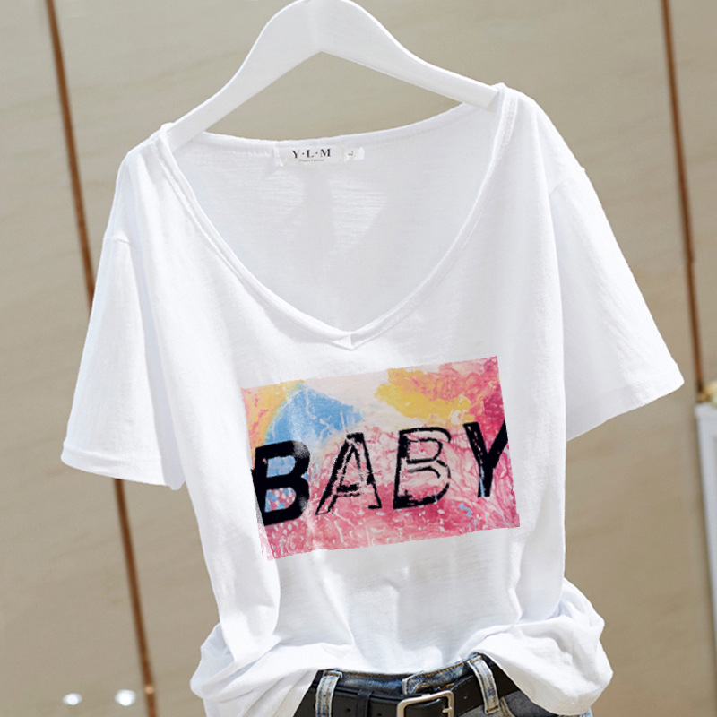 2023 Summer New Cotton Short-sleeved T-shirt Women's Korean-style Loose plus size V-neck Age-reducing Printed Letter Top Base