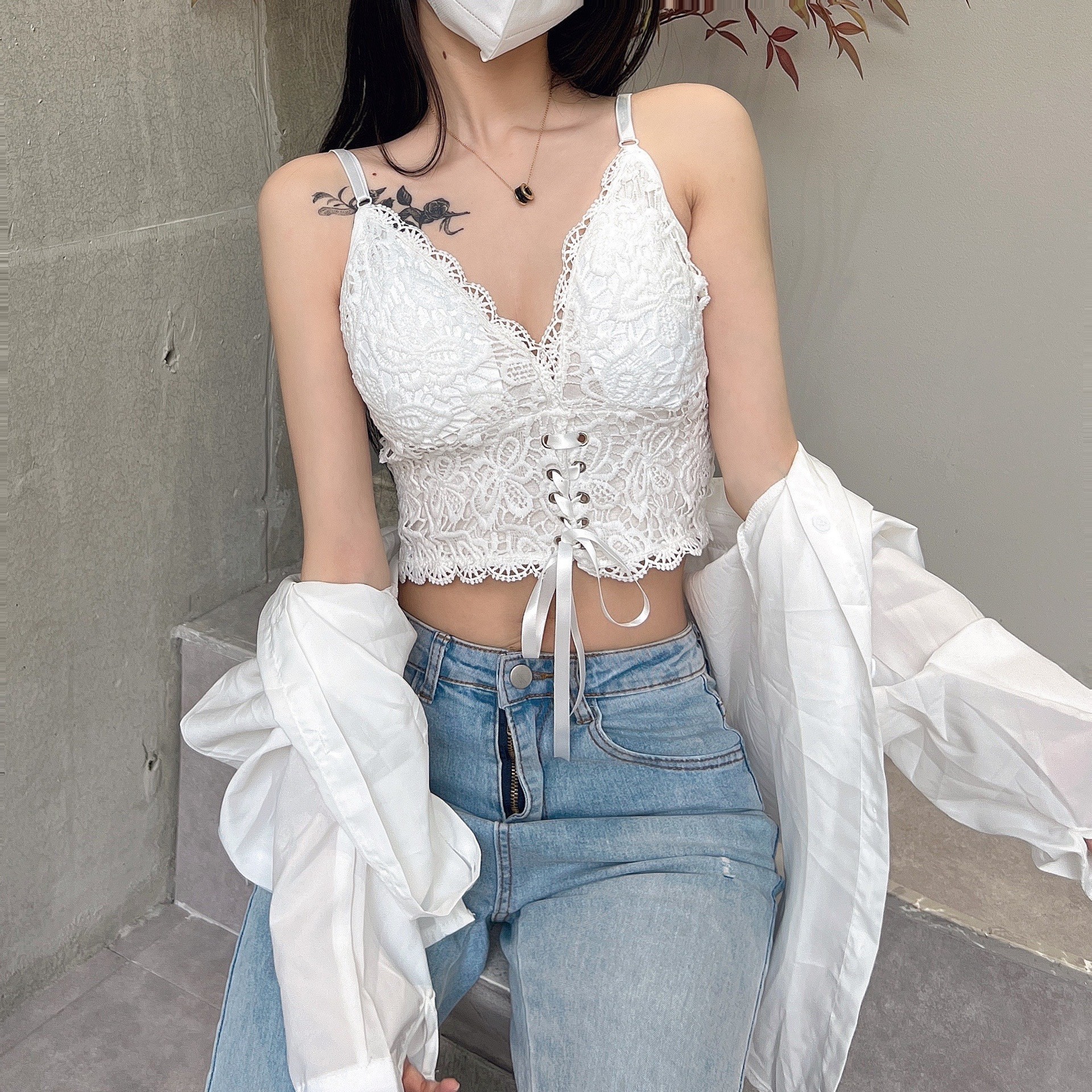 Summer New French Style Pure Lace Camisole Women's Hot Girl Sentimental Belt Chest Pad Wrapped Chest Beautiful Back Base Top