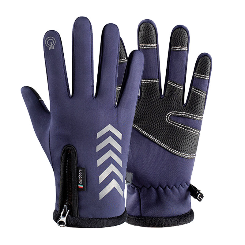 Autumn and Winter Warm Gloves Men's Velvet Thickeneded Cold-Proof Waterproof Zipper Cycling Gloves Non-Slip Touch Screen Outdoor Sports
