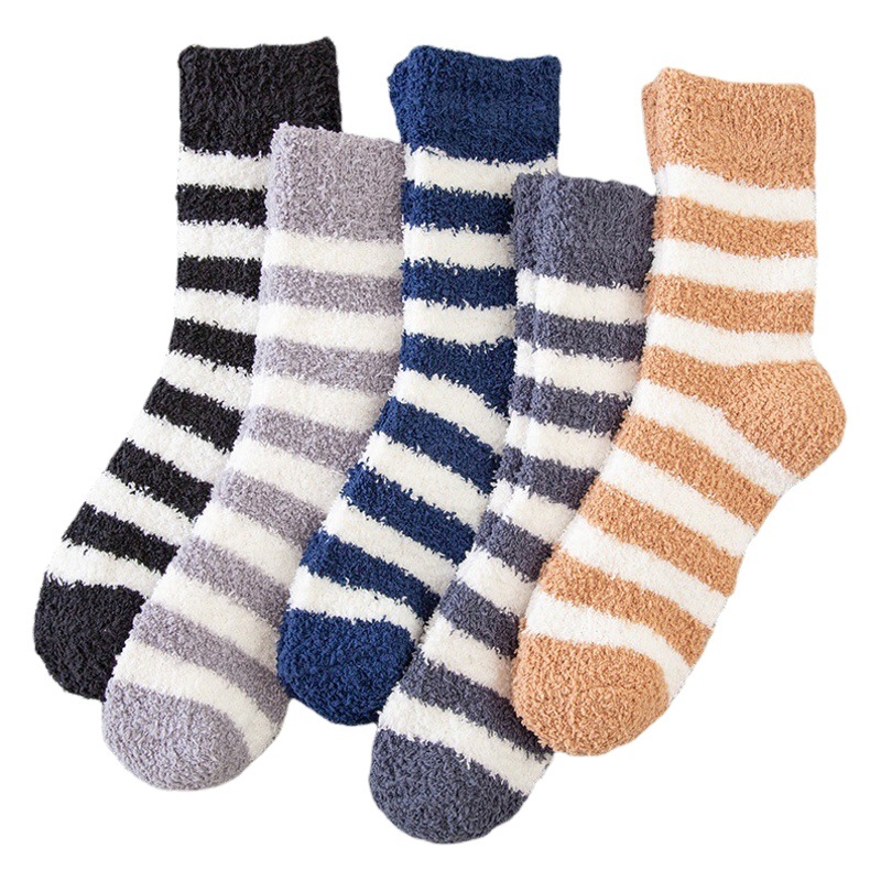 Coral velvet socks men's autumn and winter thickened plus velvet sleep socks men's mid-tube stockings winter warm striped floor socks