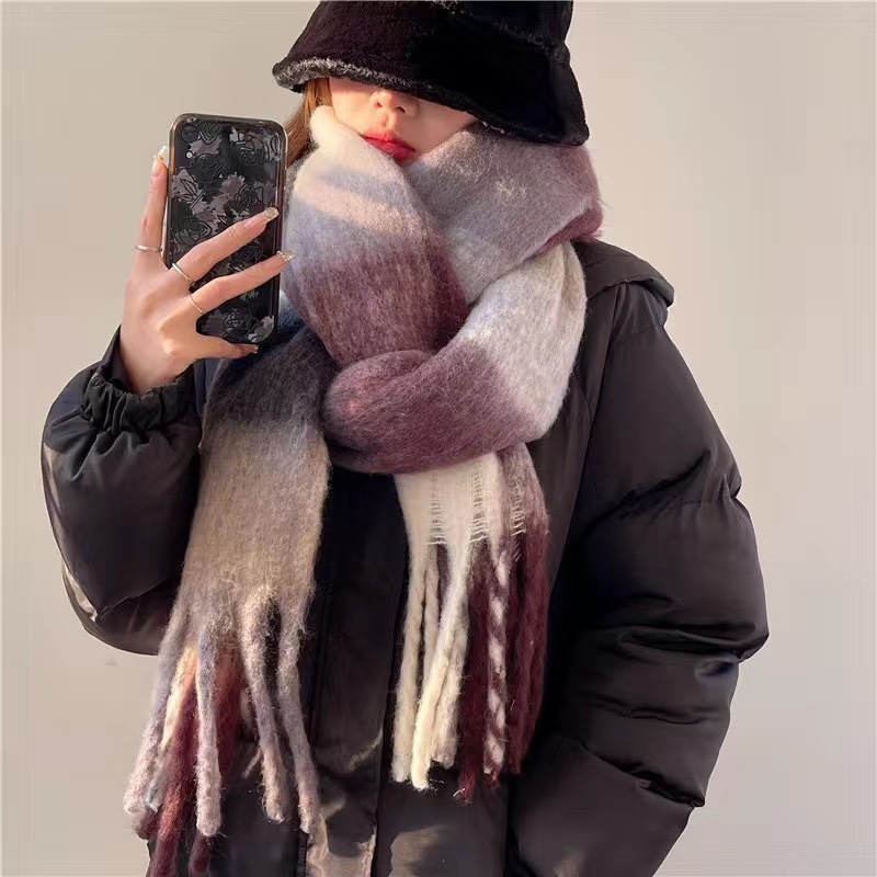 Picture of Winter monochrome plush heavy weight soft fluffy lazy wind solid color large pulled wool warm scarf for students couple