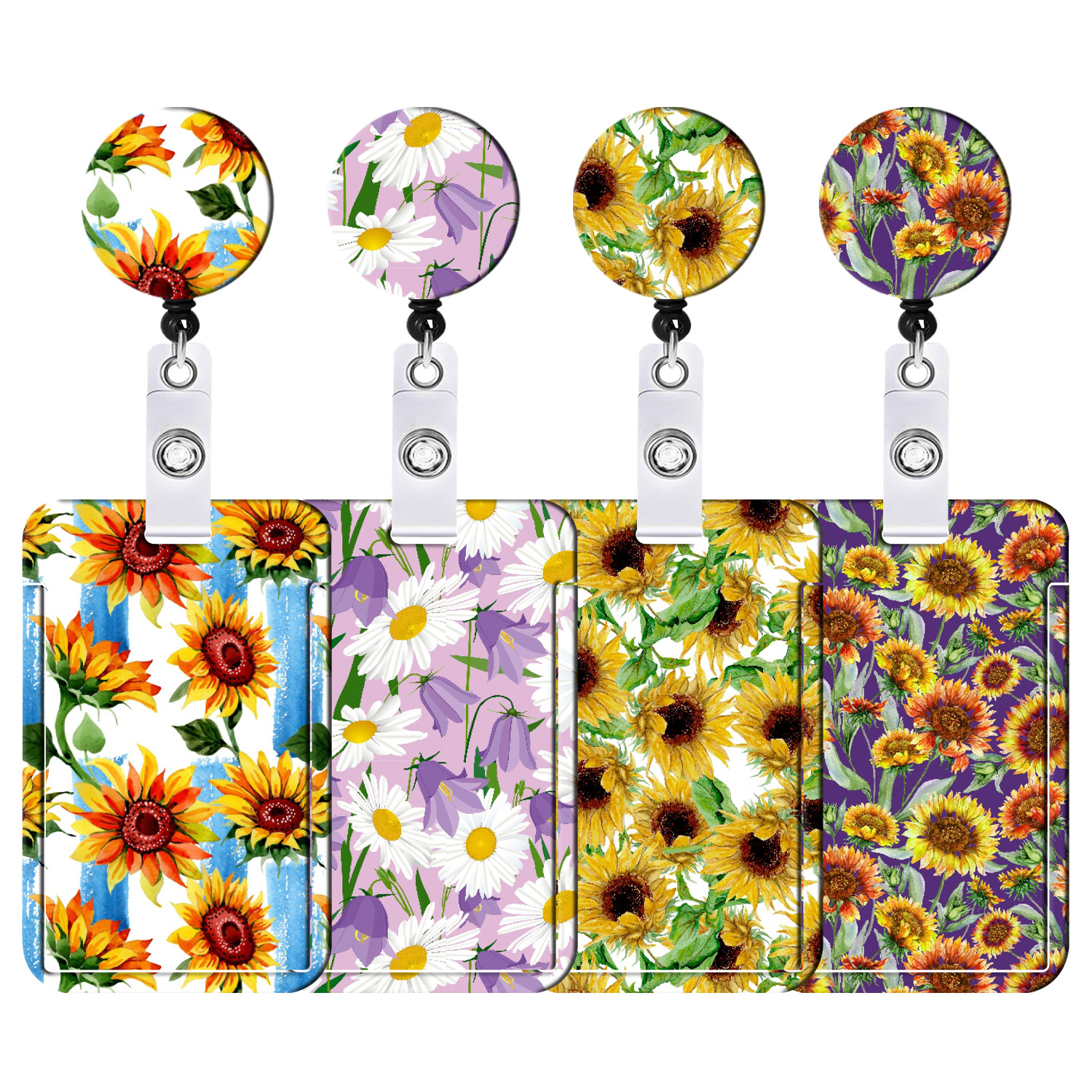 Picture of Amazon Hot Sale Floral Sunflower Sunflower Lanyard Card Case ID Buckle Easy Pull Buckle Telescopic Easy Pull Set
