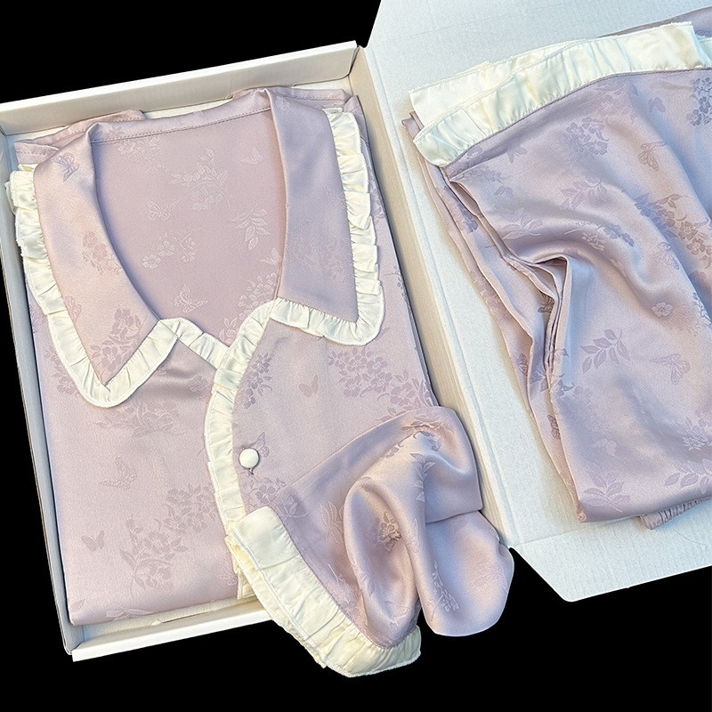 Cross-border French sweet wind floral ice silk long sleeve pajamas women's spring and autumn ruffled home clothing suit wholesale