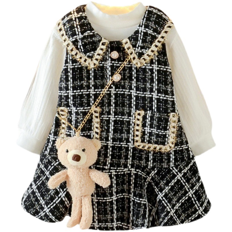 Girls' Chanel style suit spring and autumn fleece-lined Korean style dress baby's one-year-old dress vest skirt western style two-piece suit