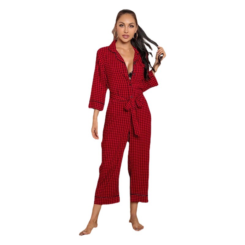 Amazon foreign trade European and American pajamas women's autumn and winter long sleeve V-neck plaid jumpsuit home clothing cross-border independent station