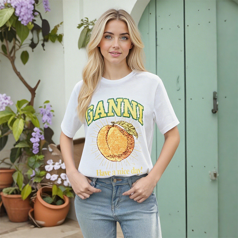25 Cross-border Hot Sale Summer Round Neck Peach Printed Short T-shirt Casual All-match Sports Short-sleeved Women's Running and Fitness