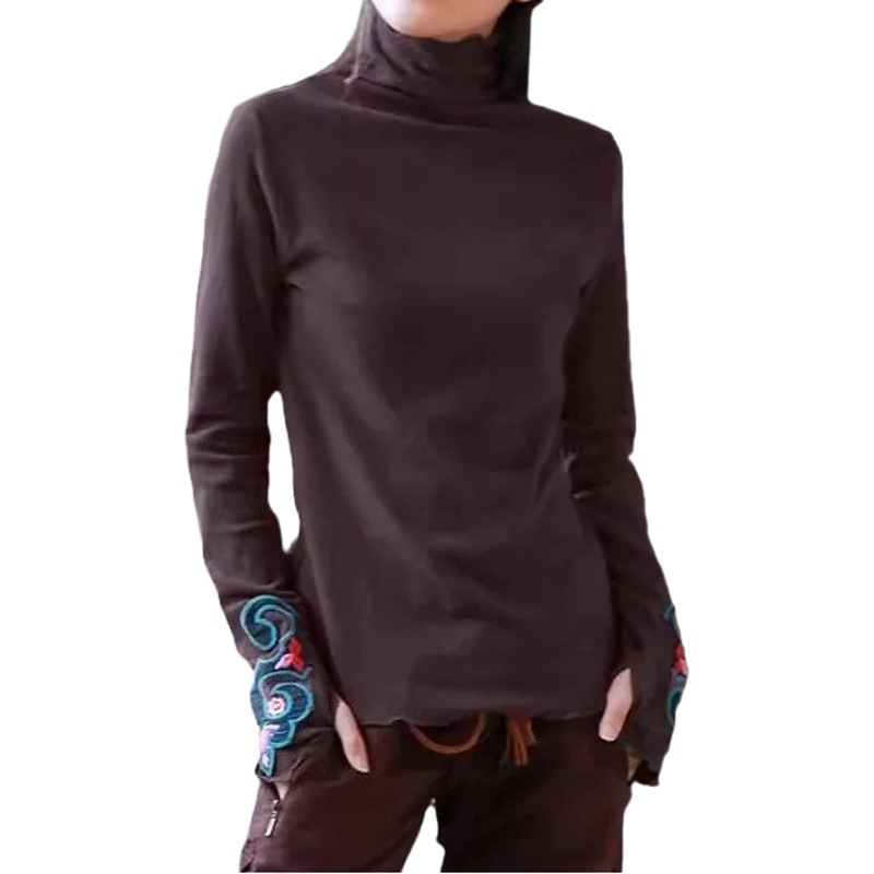 Women's Double-Sided Velvet Inner T-Shirt Spring and Autumn New Ethnic Style Ear-Rim Semi-High Collar Embroidered Top Base Shirt