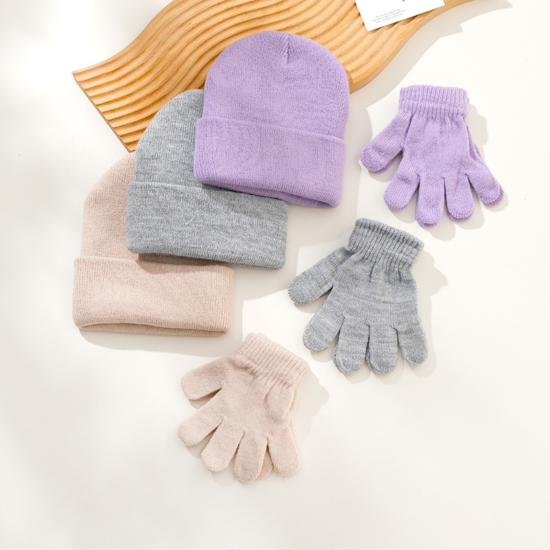 Picture of Autumn and Winter Children's Knitted Hat Gloves Two-Piece Acrylic Children's Wool Cap Children's Knitted Gloves in stock Children's Cap