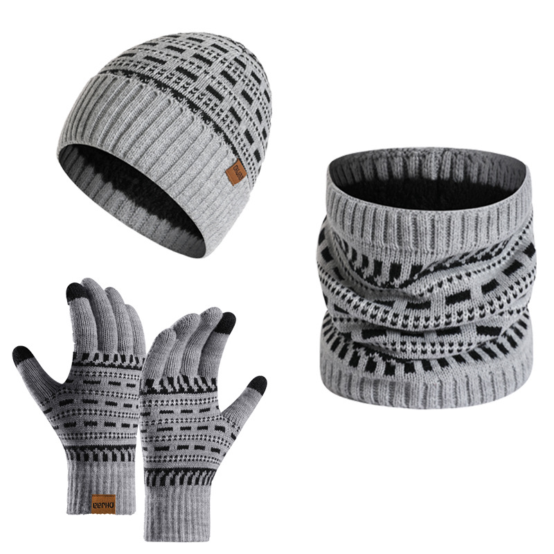 Picture of 2025 European and American Autumn and Winter Men's Warm Woolen Hat Knitted Thickeneded Adult Hat Neck Scarf Gloves Three-Piece Set Manufacturer
