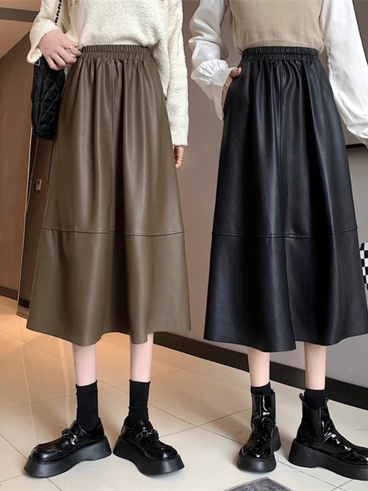 Black leather skirt women's autumn drape, A-line large swing umbrella skirt, high-waisted slimming loose PU leather skirt