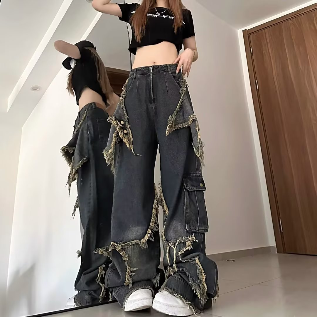2023 Diablo Retro Straight Wide-Leg Pants Star Design Sense Rust Mop Pants High Waist Loose Street Jeans