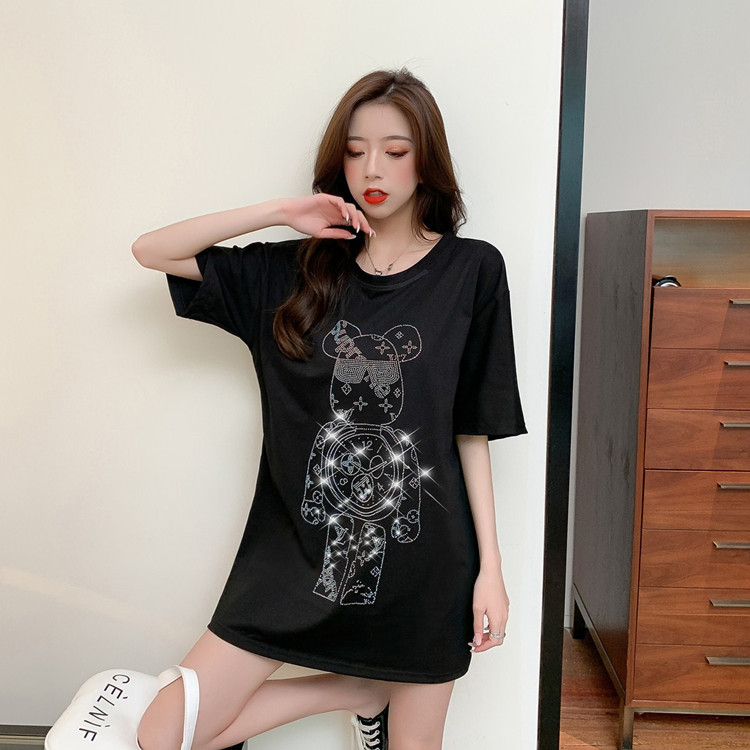 Bear Hot Drilling European Station Heavy Industry Short-sleeved T-shirt Women's Loose Summer 2024 New Mid-length Black Top