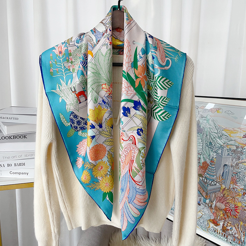 2025 silk handmade curled 90cm square scarf new retro light luxury ladies sunscreen gift scarf wholesale
