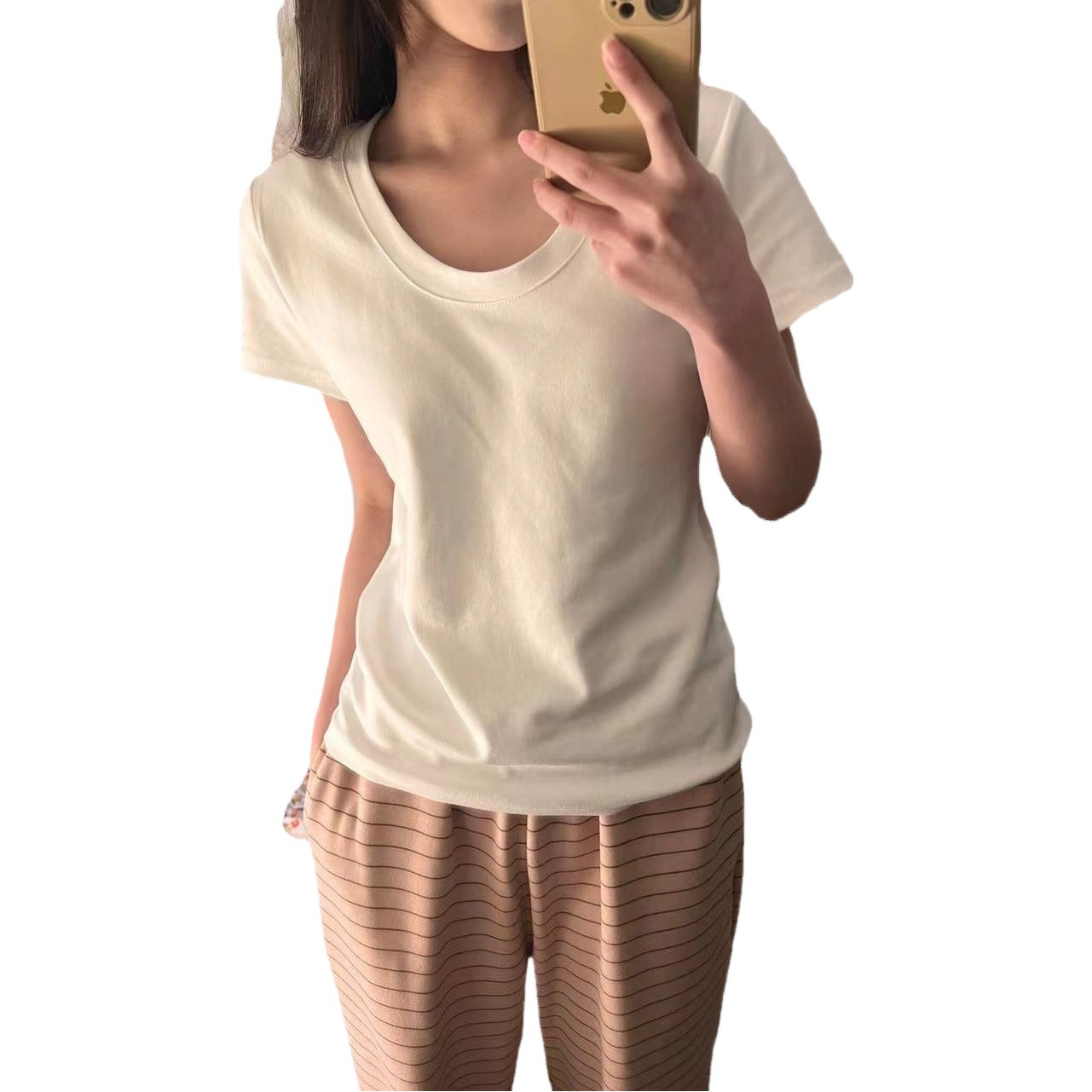Picture of Right Shoulder Short-Sleeved U-Neck T-Shirt Women's Summer 2025 New Rayon Slim Low Round Neck Basic Bottoming Top