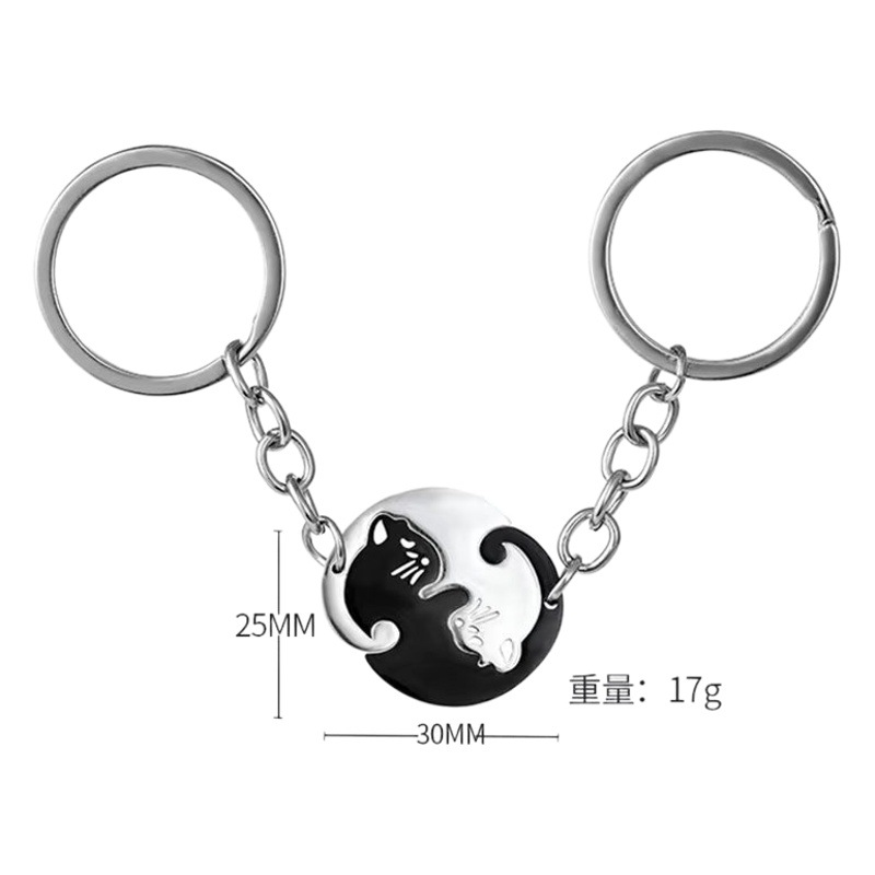 Black and White Love Cat Key Chain Pendant for Men and Women Couples Stainless Steel Anti-Lost Key Chain Ring Bag Pendant Accessories