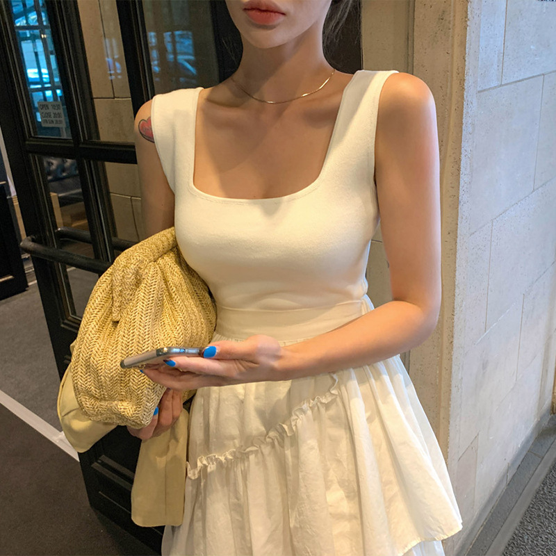 Korean Style Elegant Solid Color Square Collar Simple All-match Slim-fit Base Shirt Early Autumn Base Camisole Top for Women