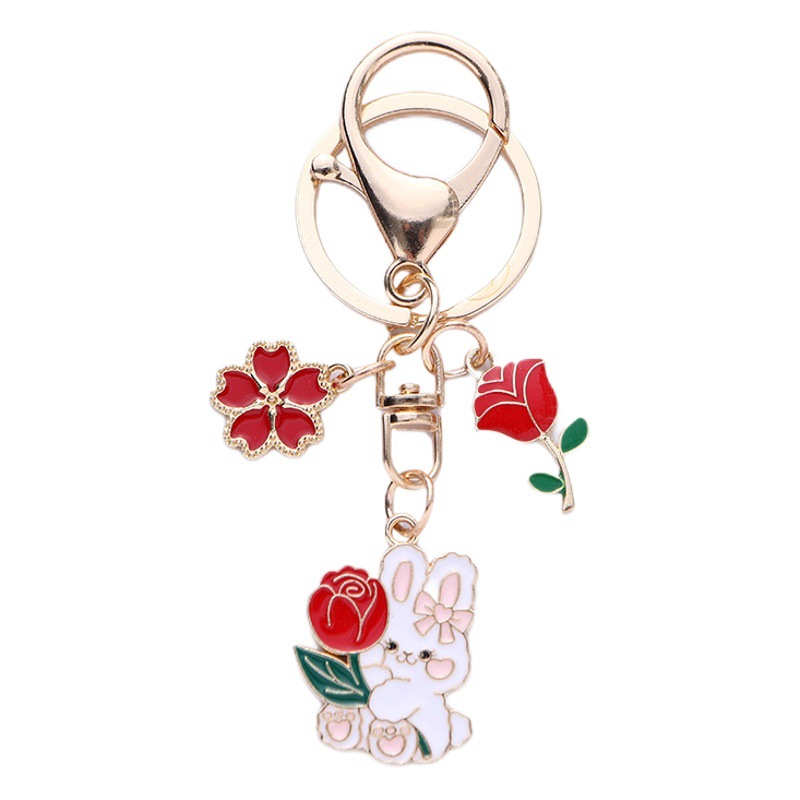 New Cartoon Cherry Blossom Rabbit Keychain Pendant Festive New Year Rose Couple Rabbit Hanging Bag Decoration