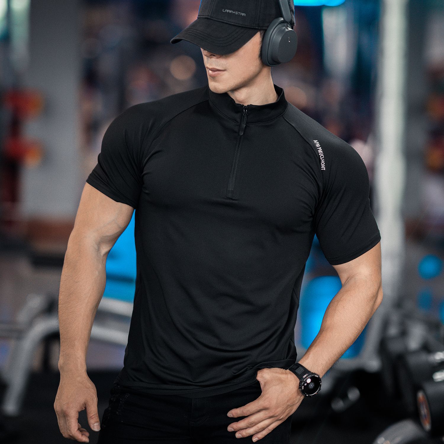 Spring and summer muscle men's new sports leisure running exercise fitness quick-drying elastic simple zipper short sleeve T-shirt