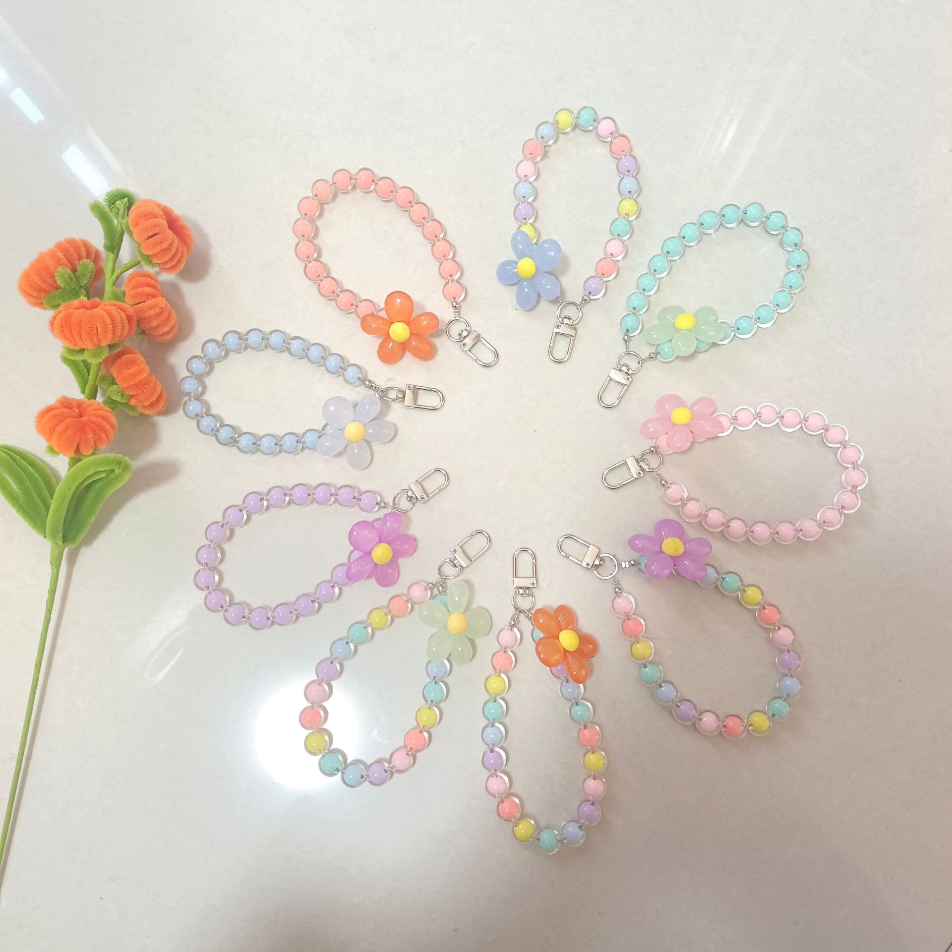 Macaron Color Beads Big Flower Mobile Phone Chain Beaded Pendant Mobile Phone Lanyard Japanese and Korean Ins Style Handmade Keychain