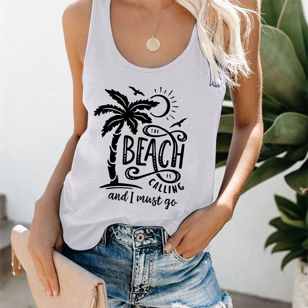 TME BEACH IS CALLING BEACH coconut tree printed vest women's foreign trade casual daily short sleeve women