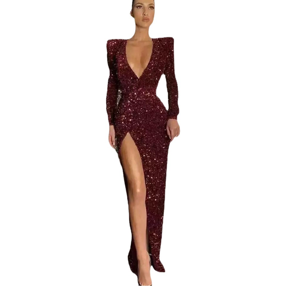 2025 Cross-Border Amazon Wish European and American Clothing Sexy One-Shoulder Long-Sleeved Embroidered Dress Slit Long Skirt Ins Spring