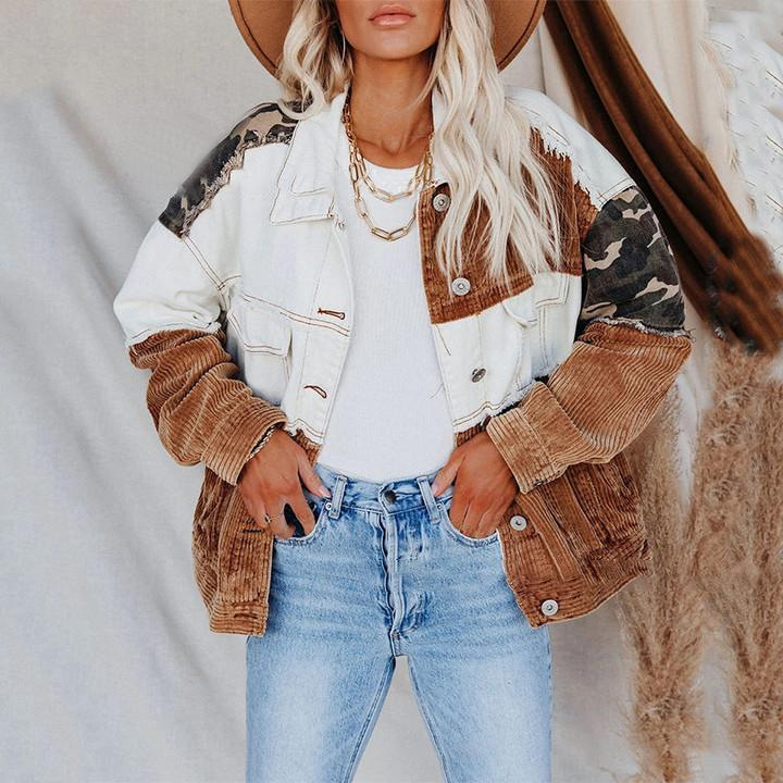 Vintage Camouflage Corduroy Jacket with a Turn-Down Collar for Women, Short-Sleeved, Autumn and Winter Fashion, Available on African and European Independent Stations, Aliexpress